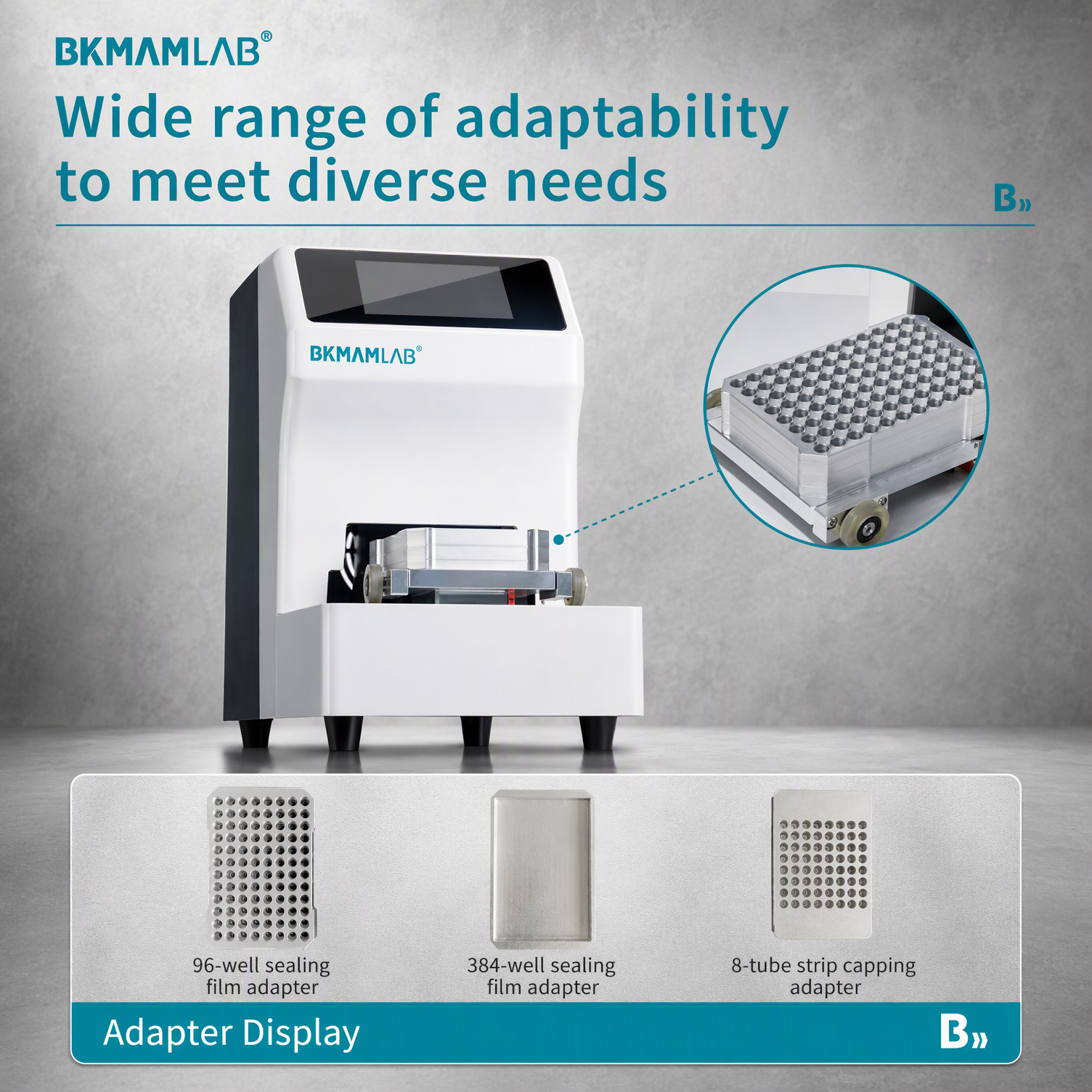 Wide range of adaptability with 96-well 384-well and 8-tube strip adapters on BKMAMLAB film sealer.png