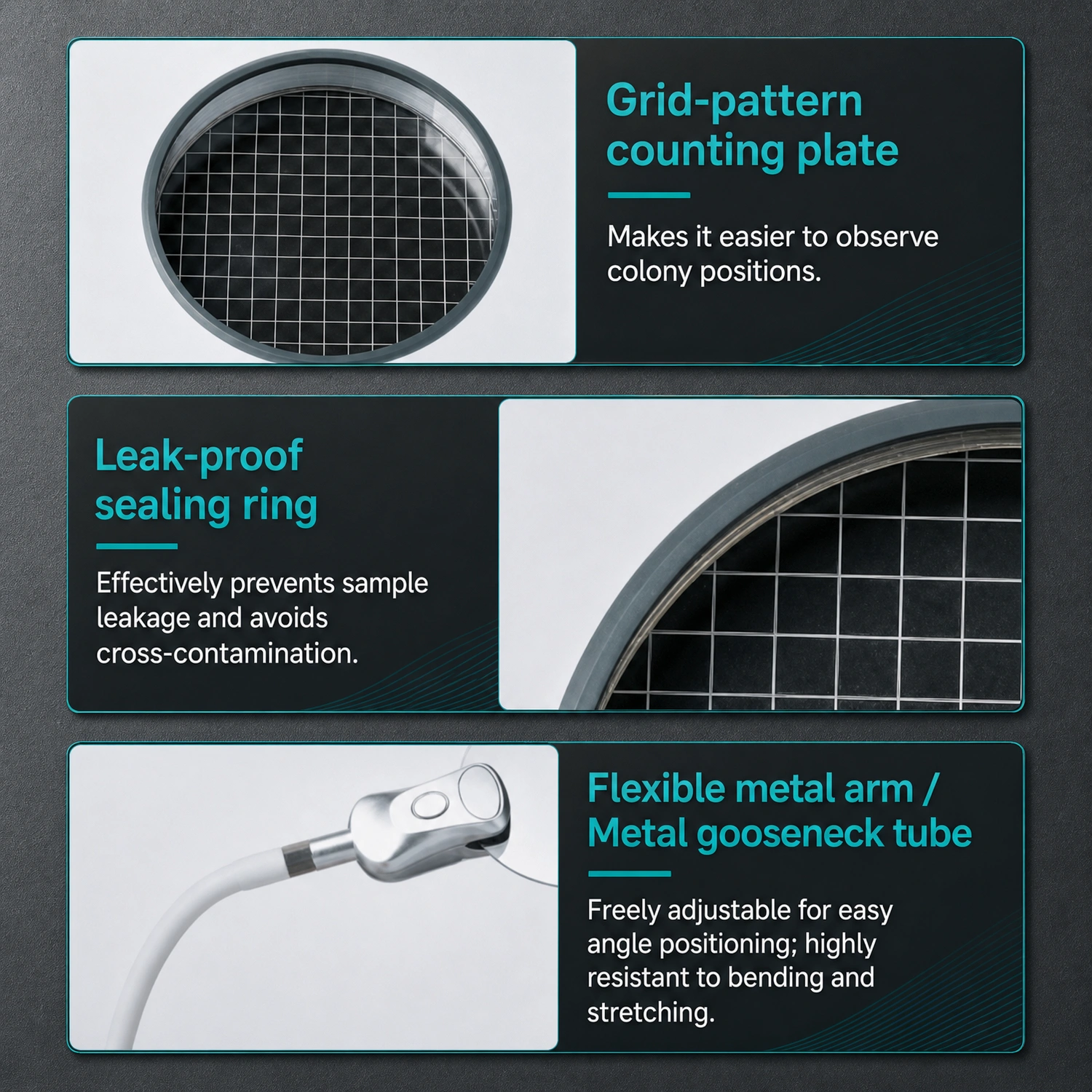 Product details of Labshark colony counter showing grid counting plate sealing ring and flexible metal arm.webp