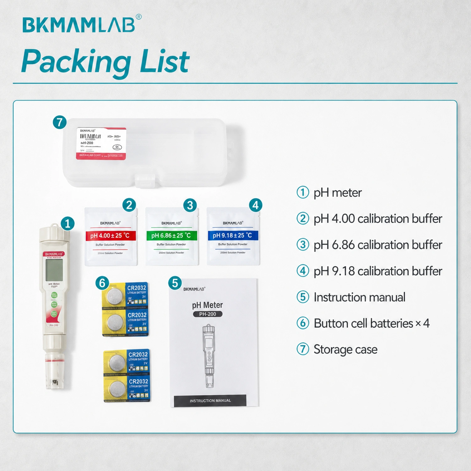 Packing list of Labshark pH pen including calibration buffers batteries and storage case.webp