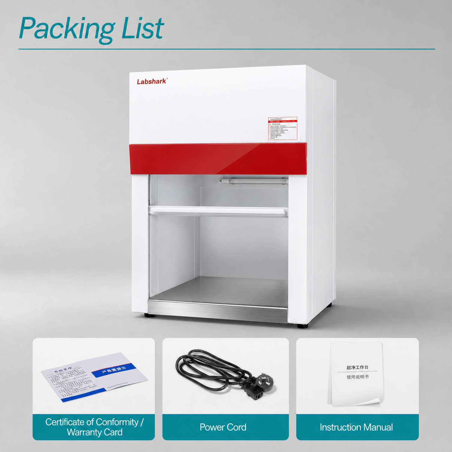 Packing list of Labshark ultra clean workbench including certificate power cord and instruction manual.png