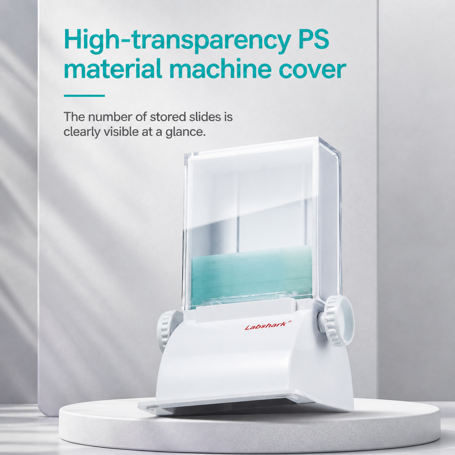 High-transparency PS material machine cover on Labshark slide glass slider showing stored slides clearly.png