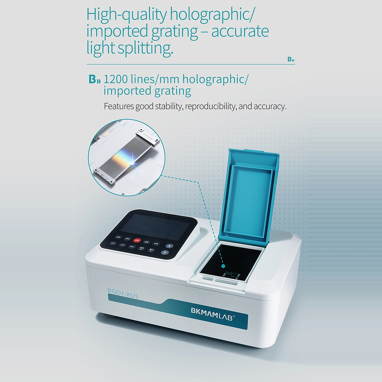 1200 lines per mm holographic imported grating for accurate light splitting on BKMAMLAB spectrophotometer.webp