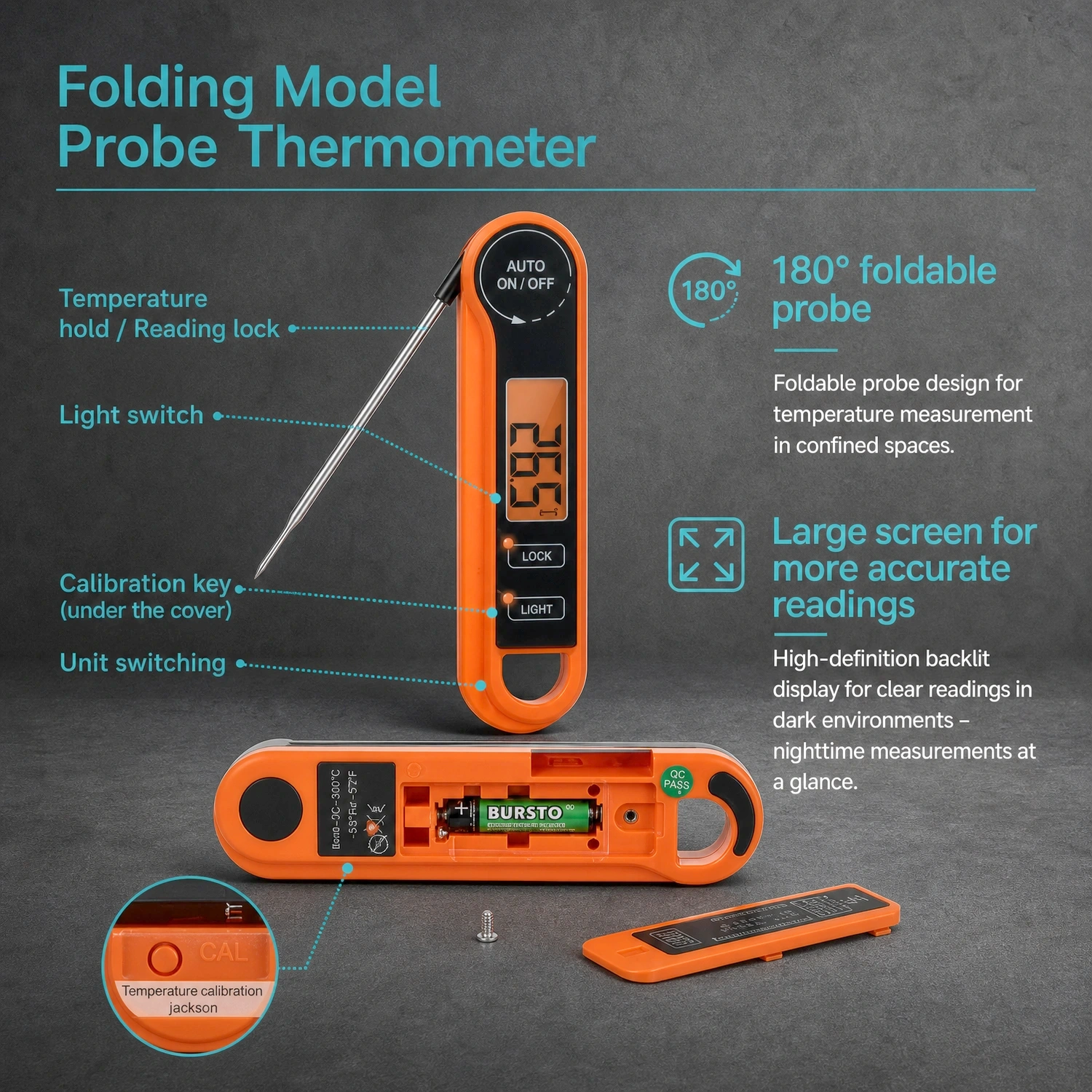 Labshark folding model probe thermometer with 180 degree foldable probe and large backlit display.webp