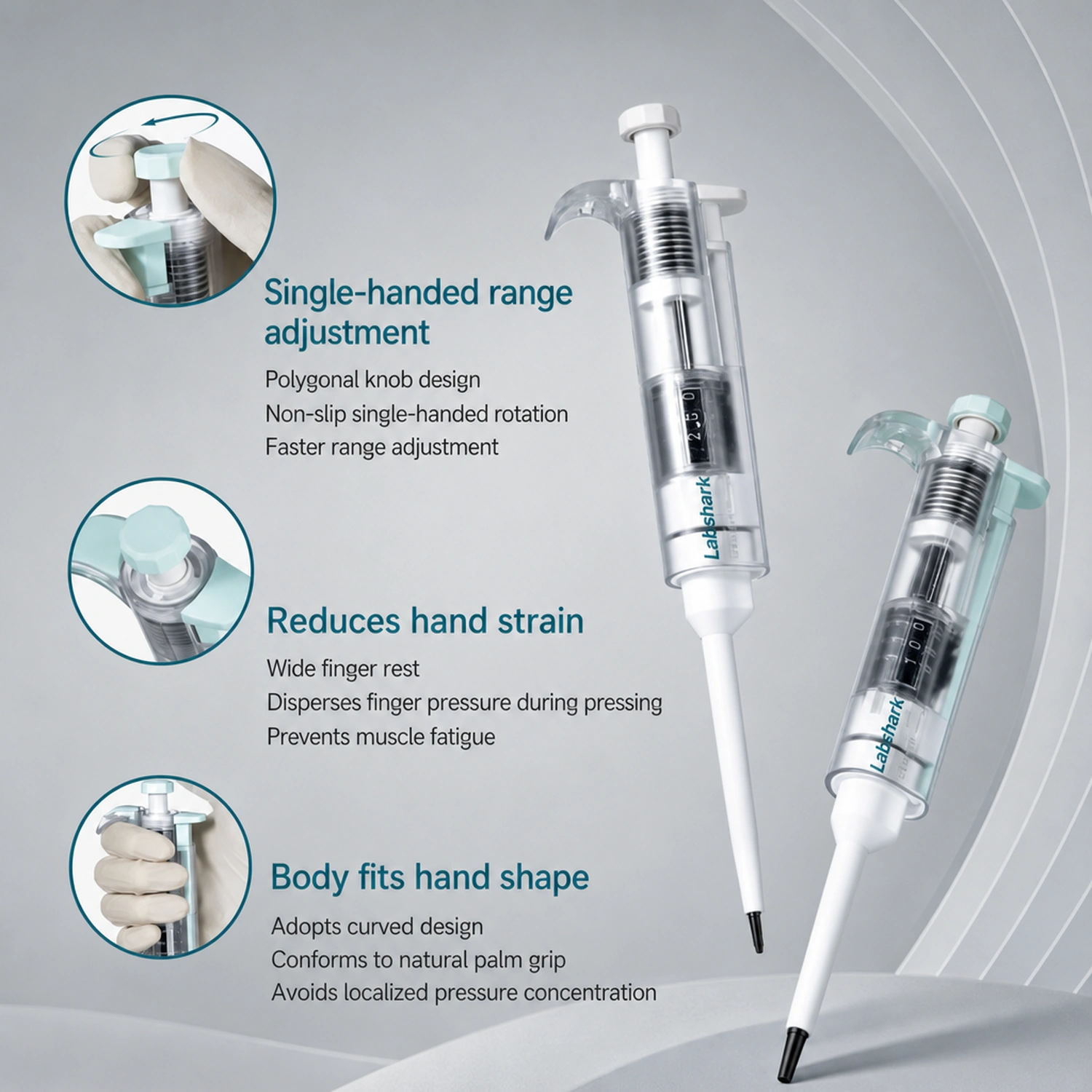 Ergonomic grip structure for comfortable operation on Labshark precision pipette.webp